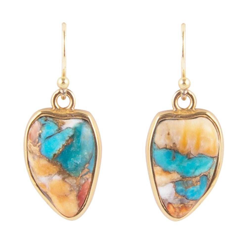 Blue Turquoise and Orange Spiny Oyster Matrix Golden Drop Earrings - Barse Jewelry - Flyclothing LLC