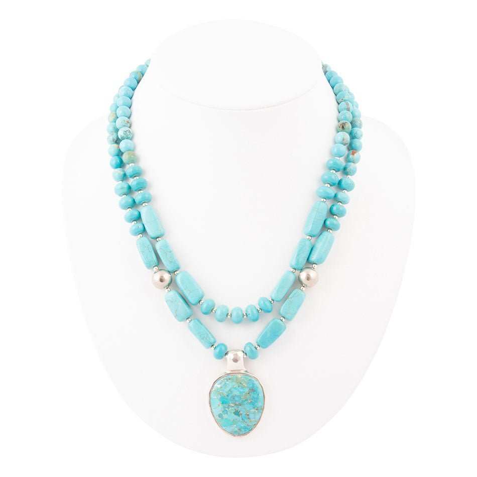 Double Stranded Blue Turquoise Sterling Silver Statement Pendant Necklace - Barse Jewelry - Flyclothing LLC