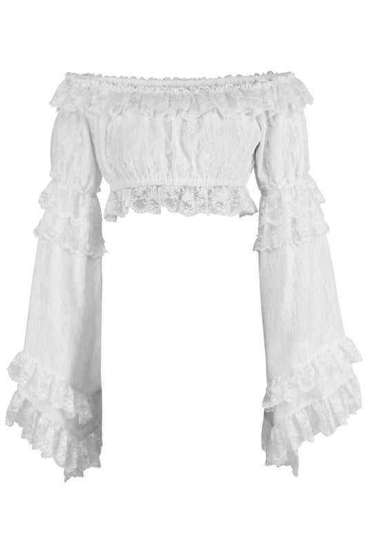 Daisy Corsets White Lace Smocked Flare Sleeve Peasant Top - Daisy Corsets - Flyclothing LLC