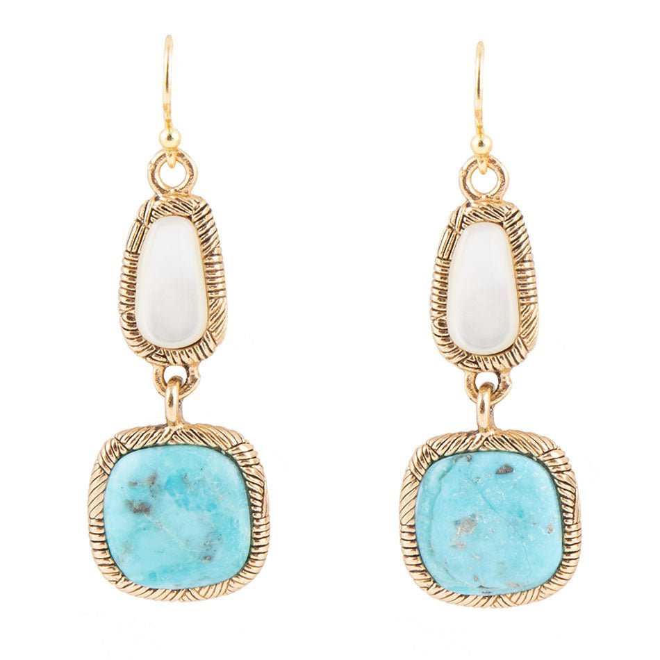 White Mother of Pearl and Blue turquoise Golden Bronze Drop Earrings - Barse Jewelry - Flyclothing LLC