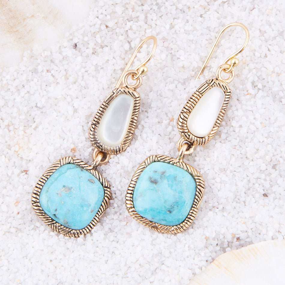 White Mother of Pearl and Blue turquoise Golden Bronze Drop Earrings - Barse Jewelry - Flyclothing LLC