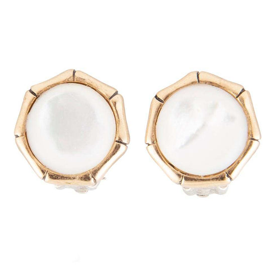 White Mother of Pearl Golden Bamboo Clip Earrings - Barse Jewelry - Flyclothing LLC
