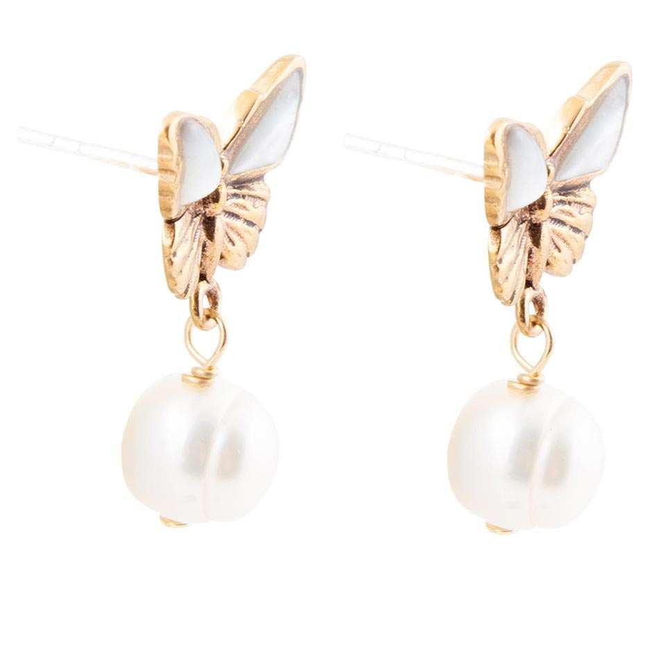 White Mother of Pearl Golden Butterflies Post Drop Earrings - Barse Jewelry - Flyclothing LLC