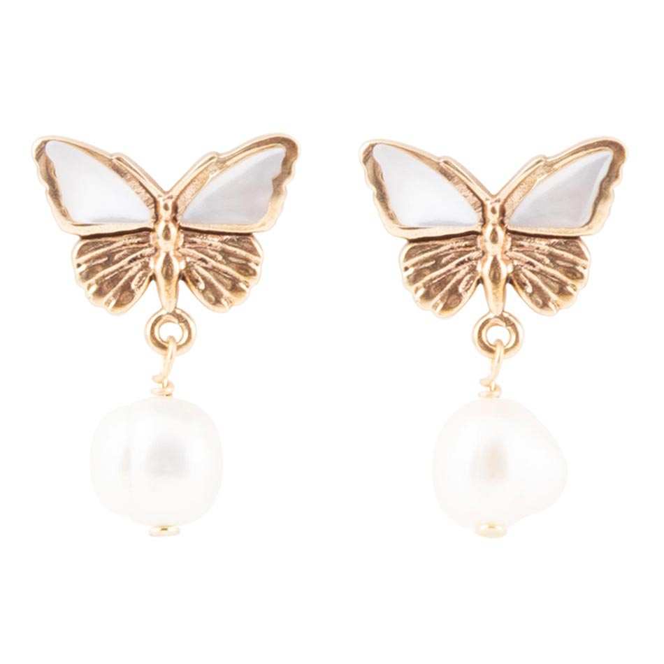 White Mother of Pearl Golden Butterflies Post Drop Earrings - Barse Jewelry - Flyclothing LLC