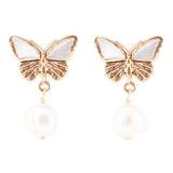 White Mother of Pearl Golden Butterflies Post Drop Earrings - Barse Jewelry - Flyclothing LLC