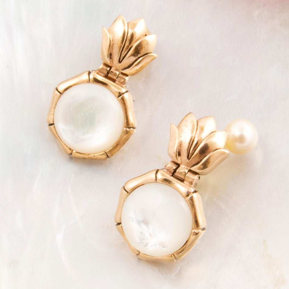 White Mother of Pearl Lotus Post Golden Drop Earrings - Barse Jewelry - Flyclothing LLC