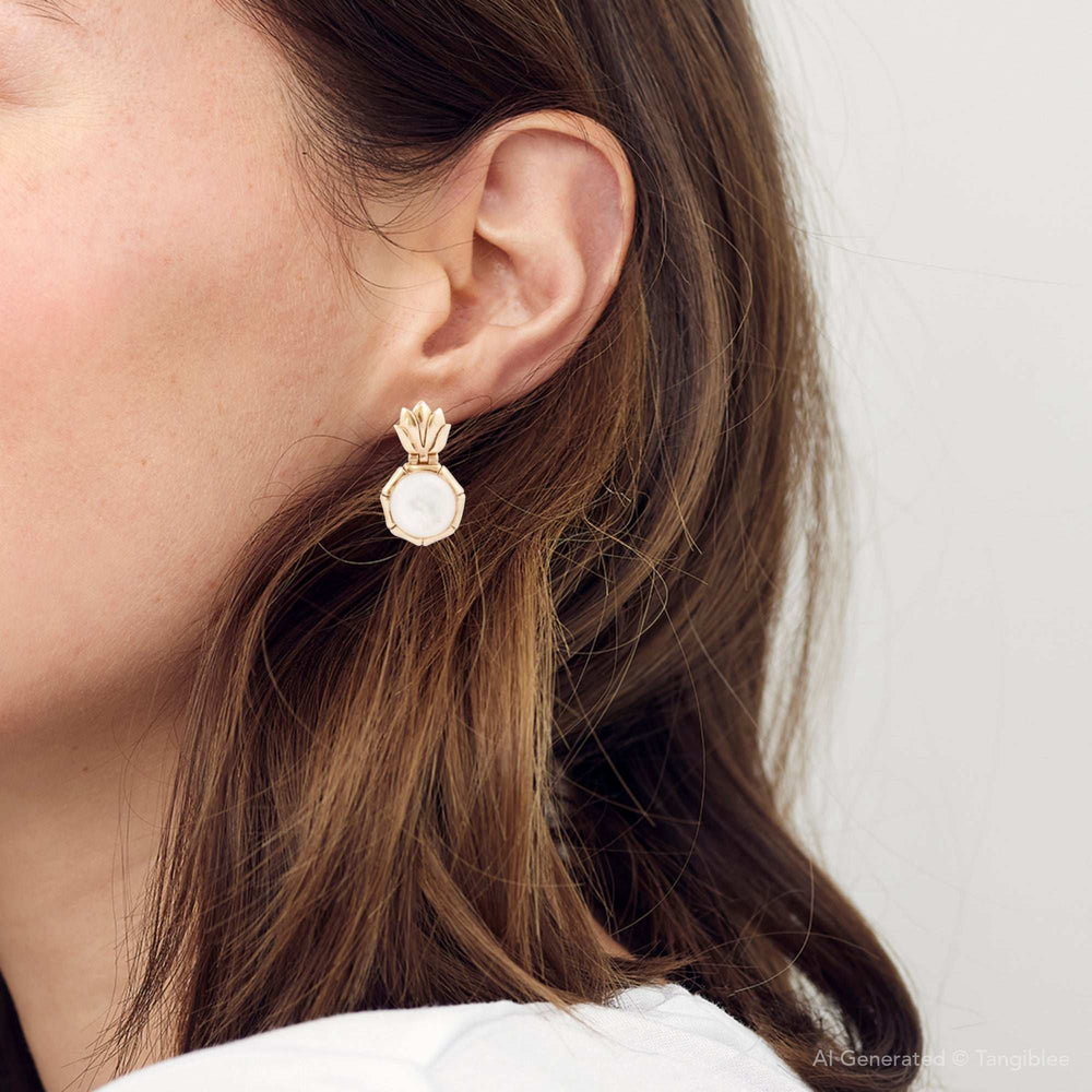 White Mother of Pearl Lotus Post Golden Drop Earrings - Barse Jewelry - Flyclothing LLC