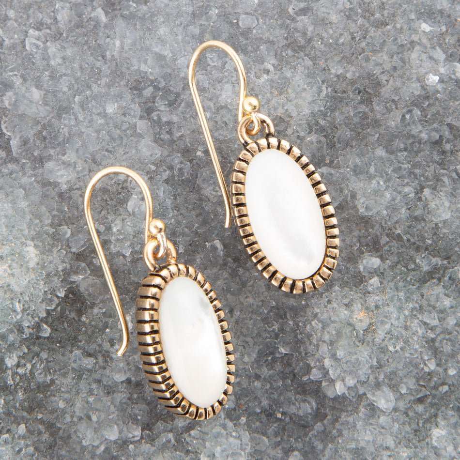White Mother of Pearl Oval Golden Drop Earrings - Barse Jewelry - Flyclothing LLC