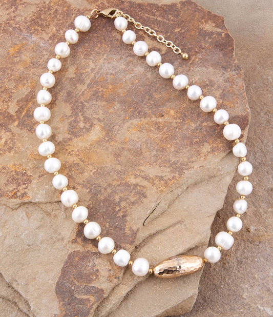White Pearl Golden Beaded Strand Necklace - Barse Jewelry - Flyclothing LLC