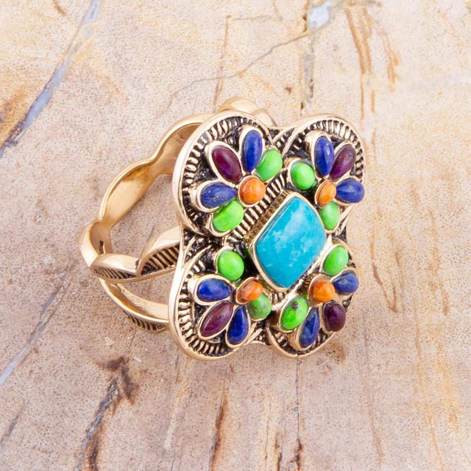 Zion Blue Turquoise Colorful Golden Cross Ring - Barse Jewelry - Flyclothing LLC