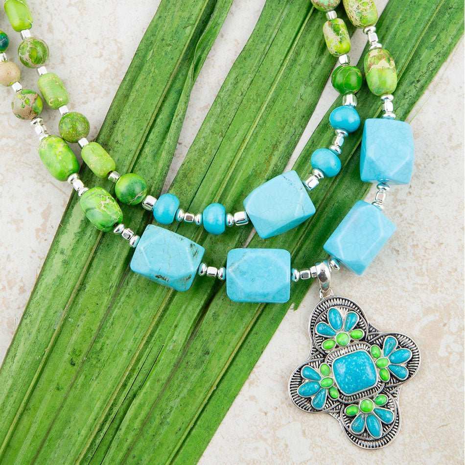 Zion Lime Green and Blue Turquoise and Sterling Silver Statement Necklace - Barse Jewelry - Flyclothing LLC