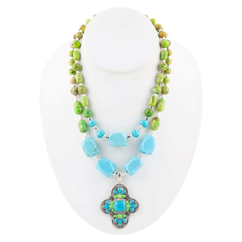 Zion Lime Green and Blue Turquoise and Sterling Silver Statement Necklace - Barse Jewelry - Flyclothing LLC