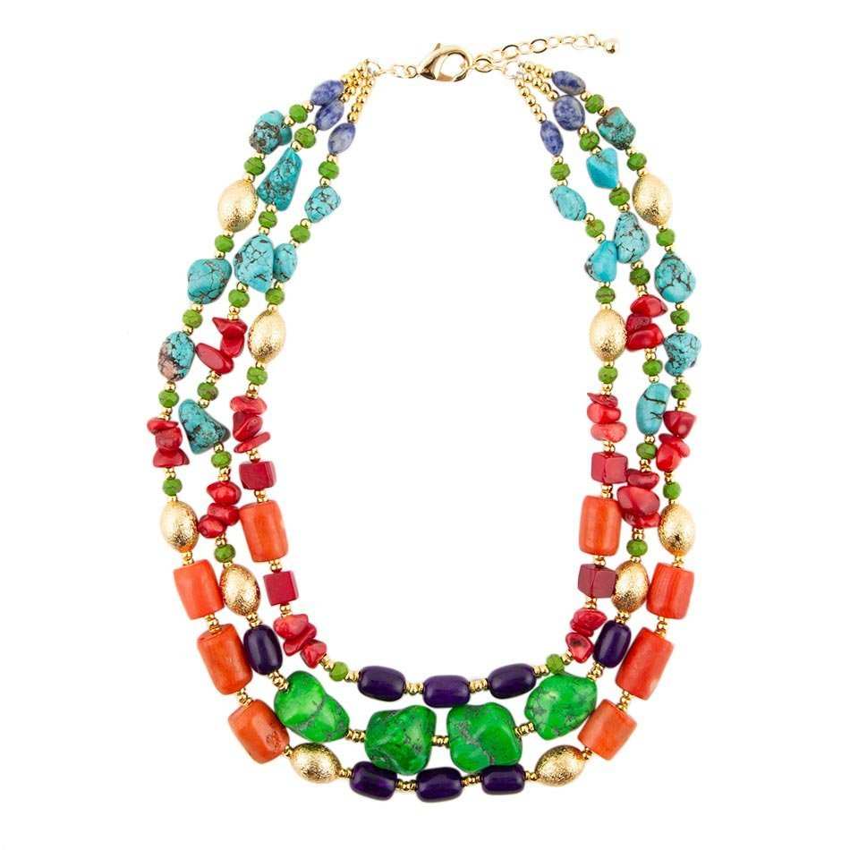 Zion Multi-Color Triple Strand Golden Statement Necklace - Barse Jewelry - Flyclothing LLC