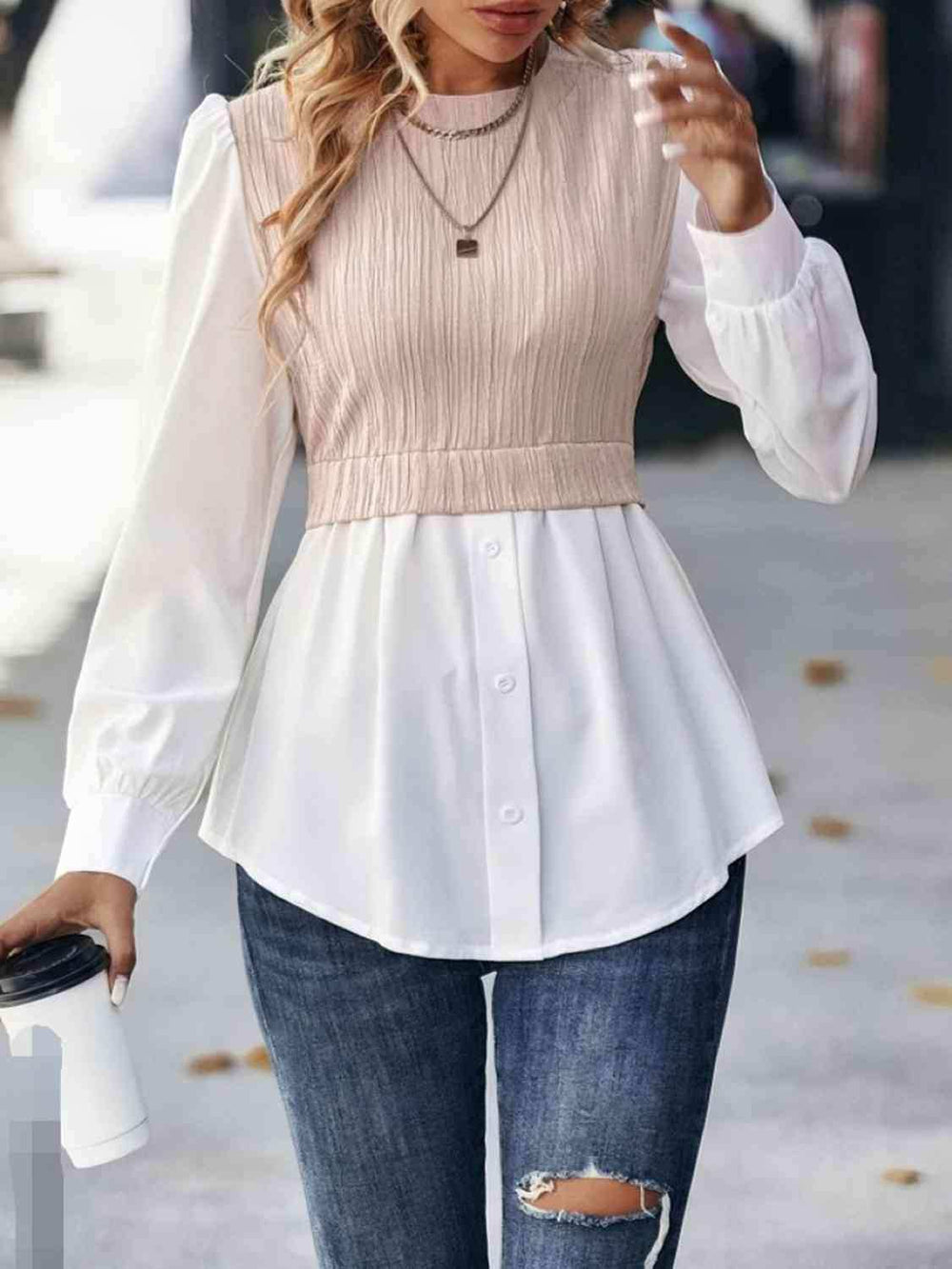 Contrast Round Neck Puff Sleeve Blouse - Trendsi - Flyclothing LLC