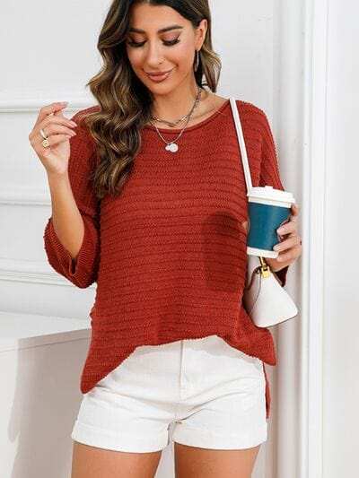 Rolled Round Neck Dropped Shoulder Slit Sweater - Trendsi - Flyclothing LLC