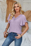 Eyelet Applique V-Neck Cap Sleeve T-Shirt - Trendsi - Flyclothing LLC