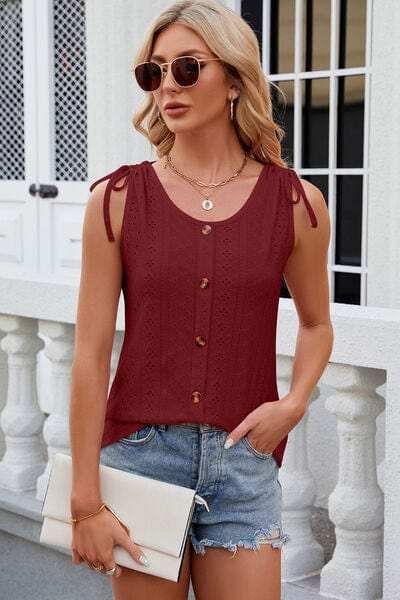 Eyelet Round Neck Wide Strap Tank - Trendsi - Flyclothing LLC