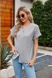 Notched Neck Cuffed Sleeve Shirt - Trendsi - Flyclothing LLC
