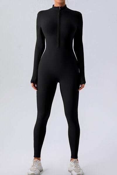 Half Zip Mock Neck Active Jumpsuit - Trendsi - Flyclothing LLC