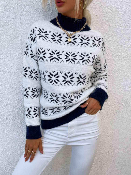 Snowflake Pattern Mock Neck Sweater - Trendsi - Flyclothing LLC