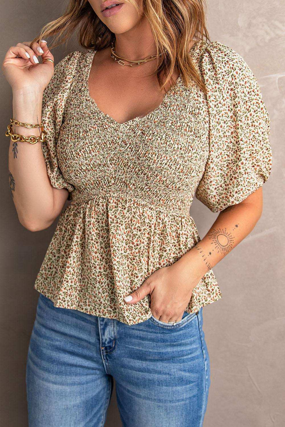 Smocked Balloon Sleeve Peplum Blouse - Trendsi - Flyclothing LLC