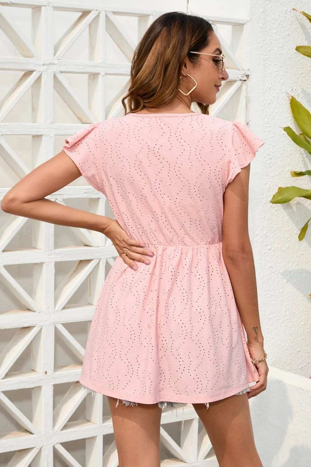 Decorative Button V-Neck Cap Sleeve Blouse - Trendsi - Flyclothing LLC