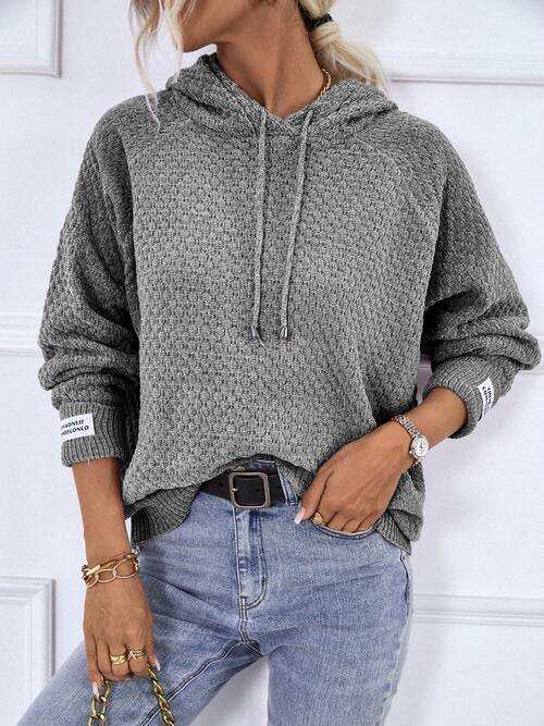 Texture Drawstring Long Sleeve Hooded Sweater - Trendsi - Flyclothing LLC