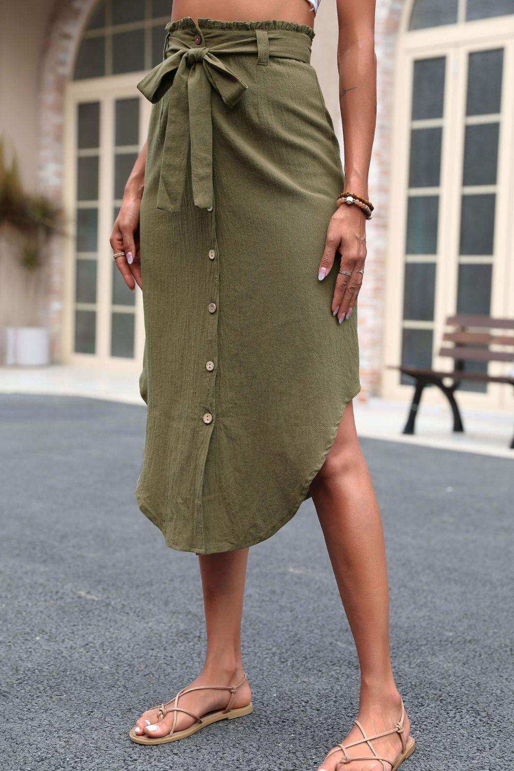 Tie Belt Frill Trim Buttoned Skirt - Trendsi - Flyclothing LLC
