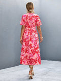 Floral Print High Slit Surplice Neck Tie Waist Midi Dress - Trendsi - Flyclothing LLC