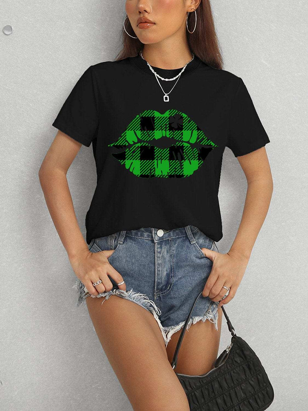Plaid Lip Graphic Round Neck T-Shirt - Trendsi - Flyclothing LLC