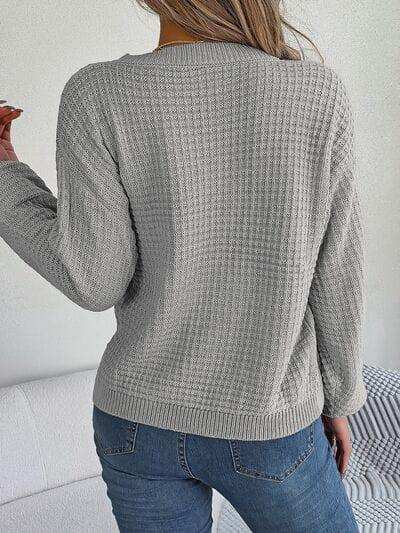 Cable-Knit Round Neck Long Sleeve Sweater - Trendsi - Flyclothing LLC