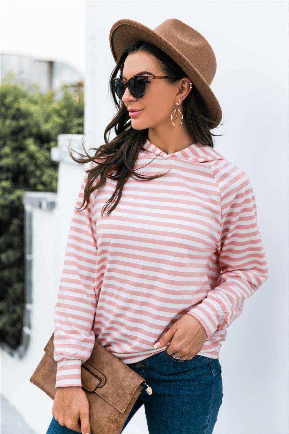Horizontal Stripe Raglan Sleeve Hoodie - Trendsi - Flyclothing LLC