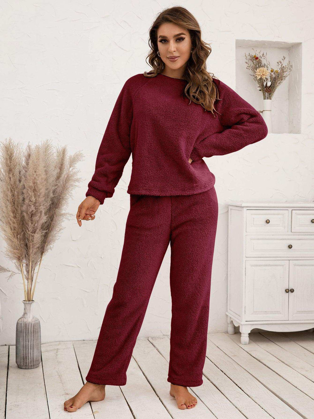 Teddy Long Sleeve Top and Pants Lounge Set - Trendsi - Flyclothing LLC