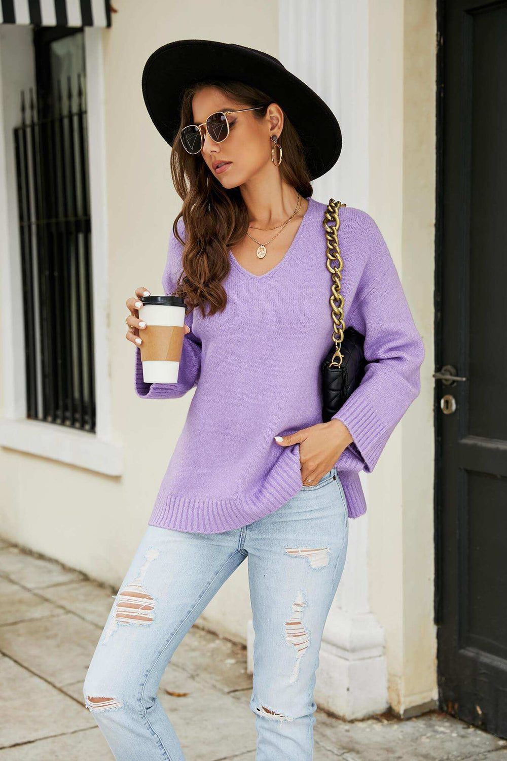 Drop Shoulder V-Neck Knit Pullover - Trendsi - Flyclothing LLC