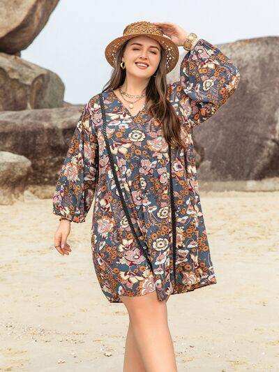 Plus Size Printed V-Neck Balloon Sleeve Mini Dress - Trendsi - Flyclothing LLC