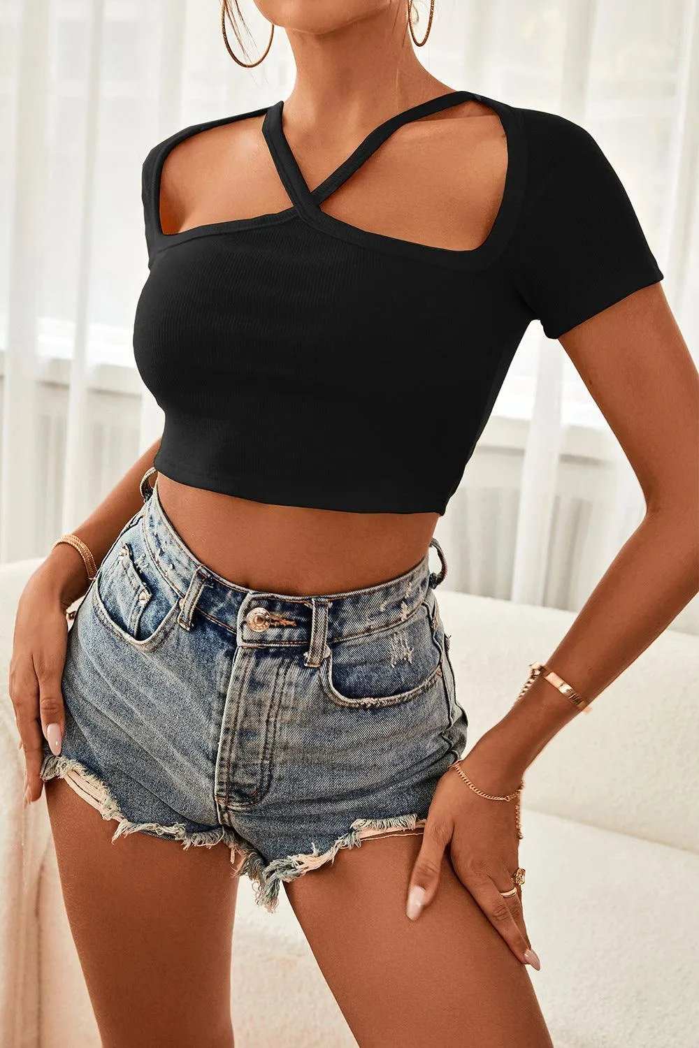 Cutout Short Sleeve Cropped Top - Trendsi - Flyclothing LLC
