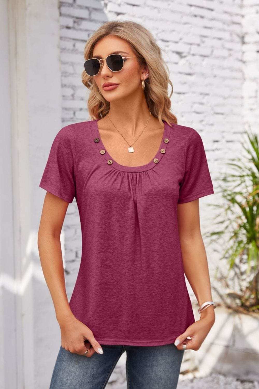Decorative Button Scoop Neck T-Shirt - Trendsi - Flyclothing LLC