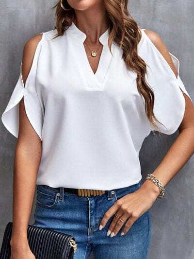 Notched Cold Shoulder Blouse - Trendsi - Flyclothing LLC