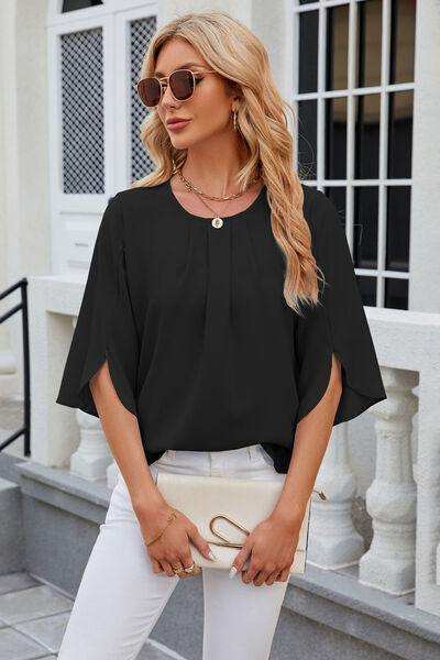 Round Neck Slit Half Sleeve Top - Trendsi - Flyclothing LLC