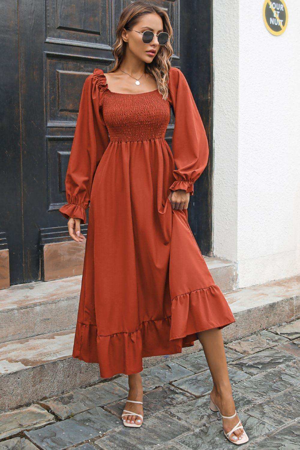 Smocked Ruffle Hem Flounce Sleeve Dress - Trendsi - Flyclothing LLC