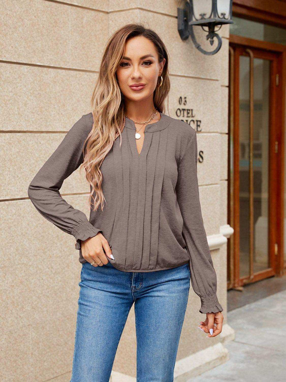 Pleated Notched Neck Flounce Sleeve Blouse - Trendsi - Flyclothing LLC