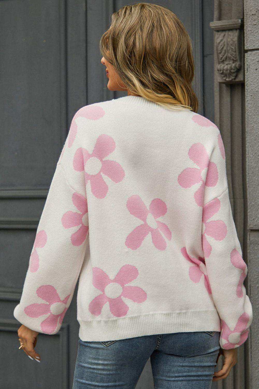Floral Print Round Neck Dropped Shoulder Pullover Sweater - Trendsi - Flyclothing LLC
