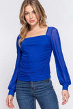 ACTIVE BASIC Square Neck Mesh Long Sleeve Shirring Top - Trendsi - Flyclothing LLC