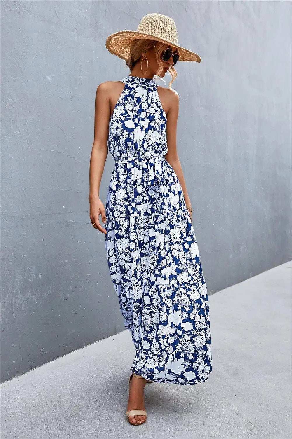 Printed Sleeveless Tie Waist Maxi Dress - Trendsi - Flyclothing LLC
