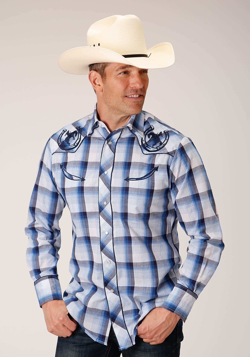Roper Mens Long Sleeve Snap Multi Blue White Plaid Western Shirt - Roper - Flyclothing LLC