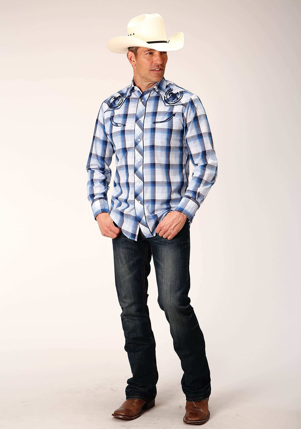 Roper Mens Long Sleeve Snap Multi Blue White Plaid Western Shirt - Roper - Flyclothing LLC