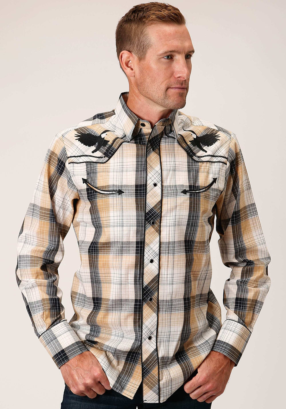 Roper Mens Long Sleeve Snap Black Khaki White Plaid Western Shirt - Roper - Flyclothing LLC