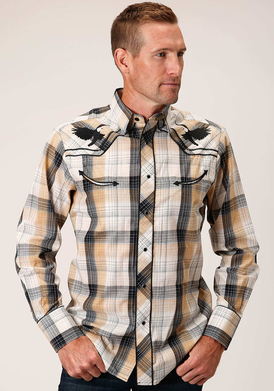 Roper Mens Long Sleeve Snap Black Khaki White Plaid Western Shirt - Roper - Flyclothing LLC
