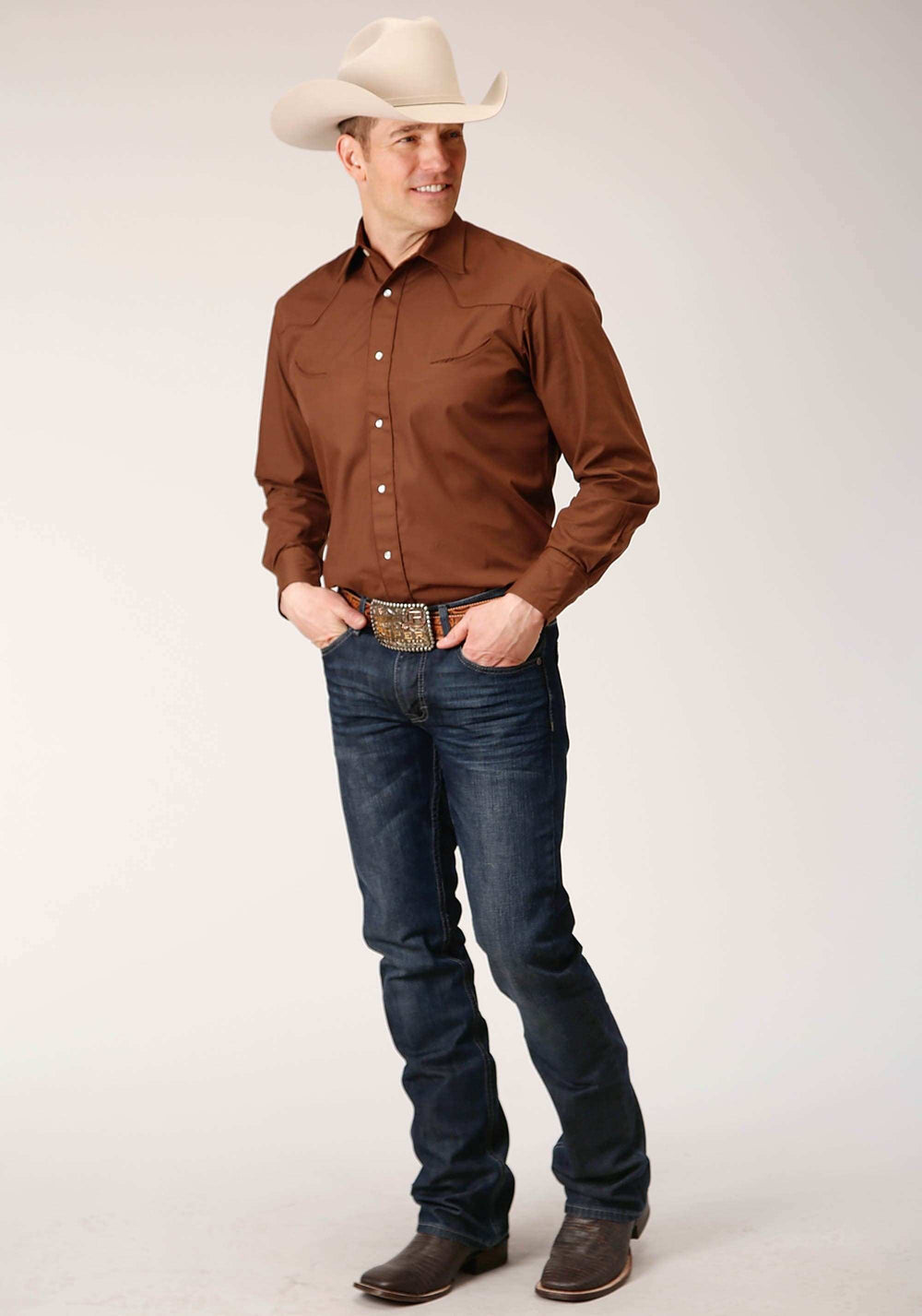 Roper Mens Long Sleeve Snap Solid Warm Browm Broadcloth Western Shirt - Roper - Flyclothing LLC