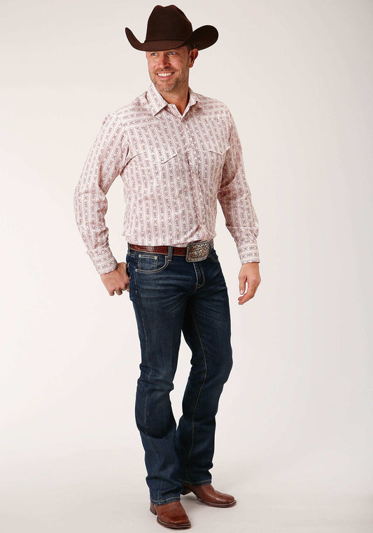 Roper Mens Long Sleeve Snap Wine And Cream Wallpaper Print Western Shirt - Roper - Flyclothing LLC